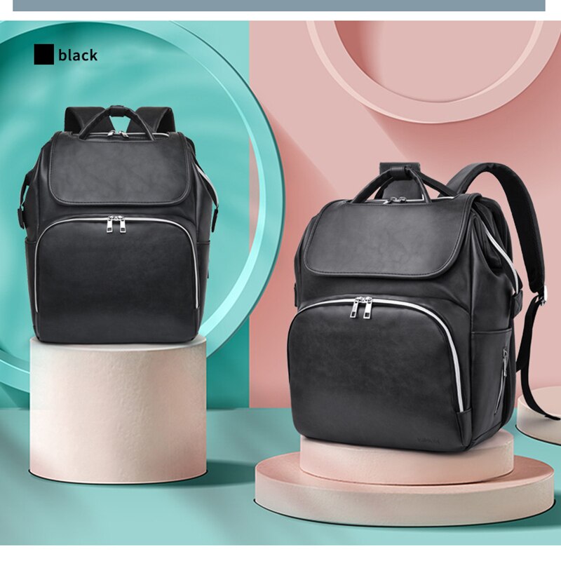 PU Leather Backpack 5-Piece Baby Diaper Bag Solid Color Mommy Maternity Bag Large Capacity Travel Stroller Bag with Diaper Bed