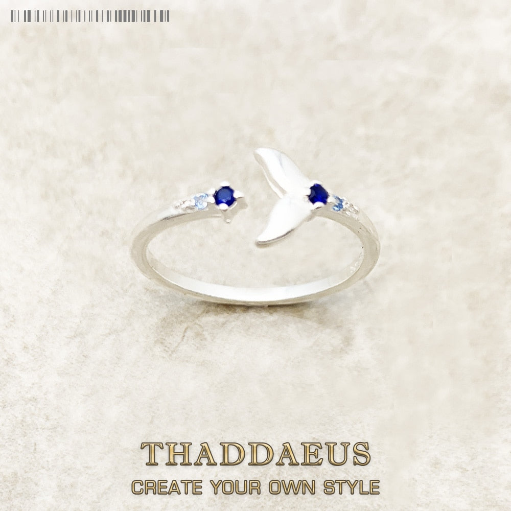 Ring Dolphin Tail Fin With Blue Stones,2022 Europe Style Glam Fine Jewerly For Women Cheerful Gift In Solid 925 Sterling Silver