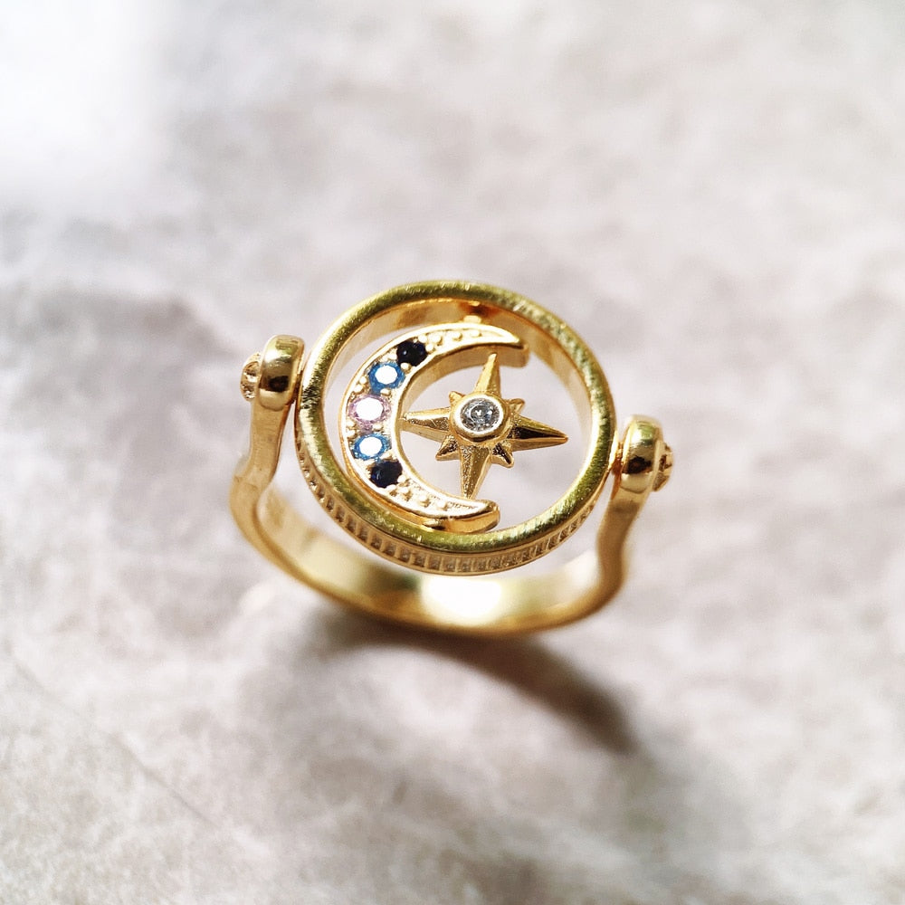 Ring Royalty Star & Moon Gold,Europe Fine Jewerly For Elegance Women,2022 Spring Bohemia Gift In 925 Sterling Silver