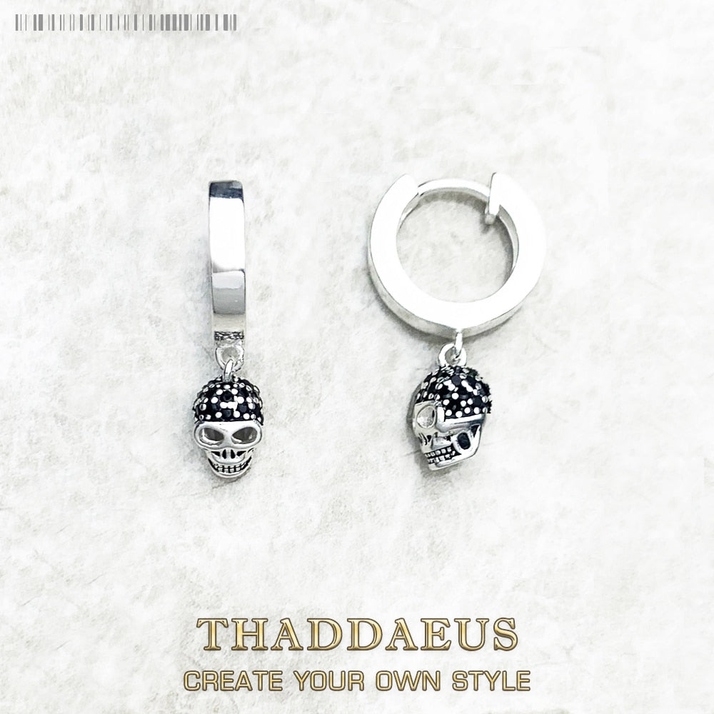 Hinged Hoop Earrings Skull Pave Gift In Real 925 Sterling Silver,Europe Style Rebel Punk Jewerly For Women Men