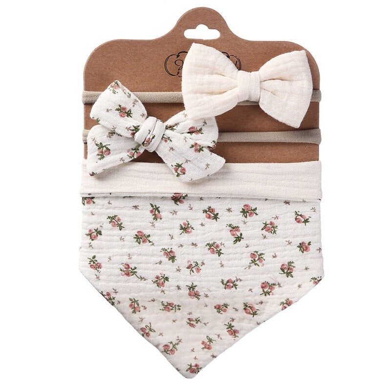 3Pcs/Set Cotton Baby Bib Bow Headband Adjustable Button Triangle Saliva Towel Print Infant Boy Girl