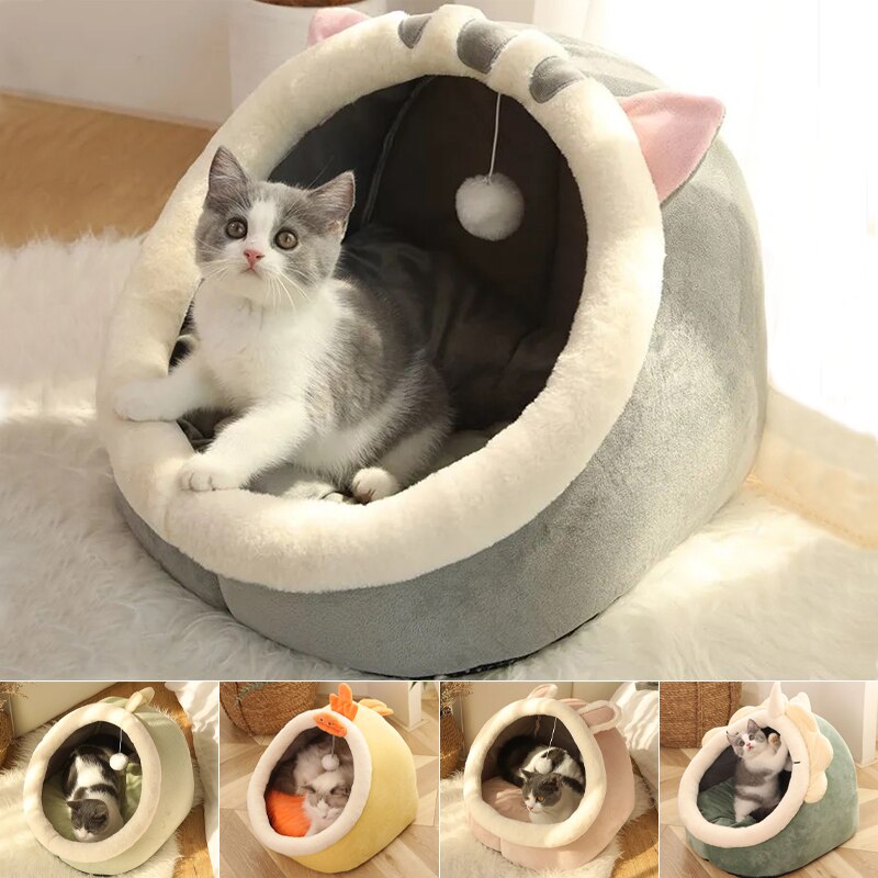Crystal Velvet Hooded Cat’s House with Removable and Washable Cushion Winter Cat Basket Warm Cozy Sleeping Cave Pet Bed for Cats - anconmall