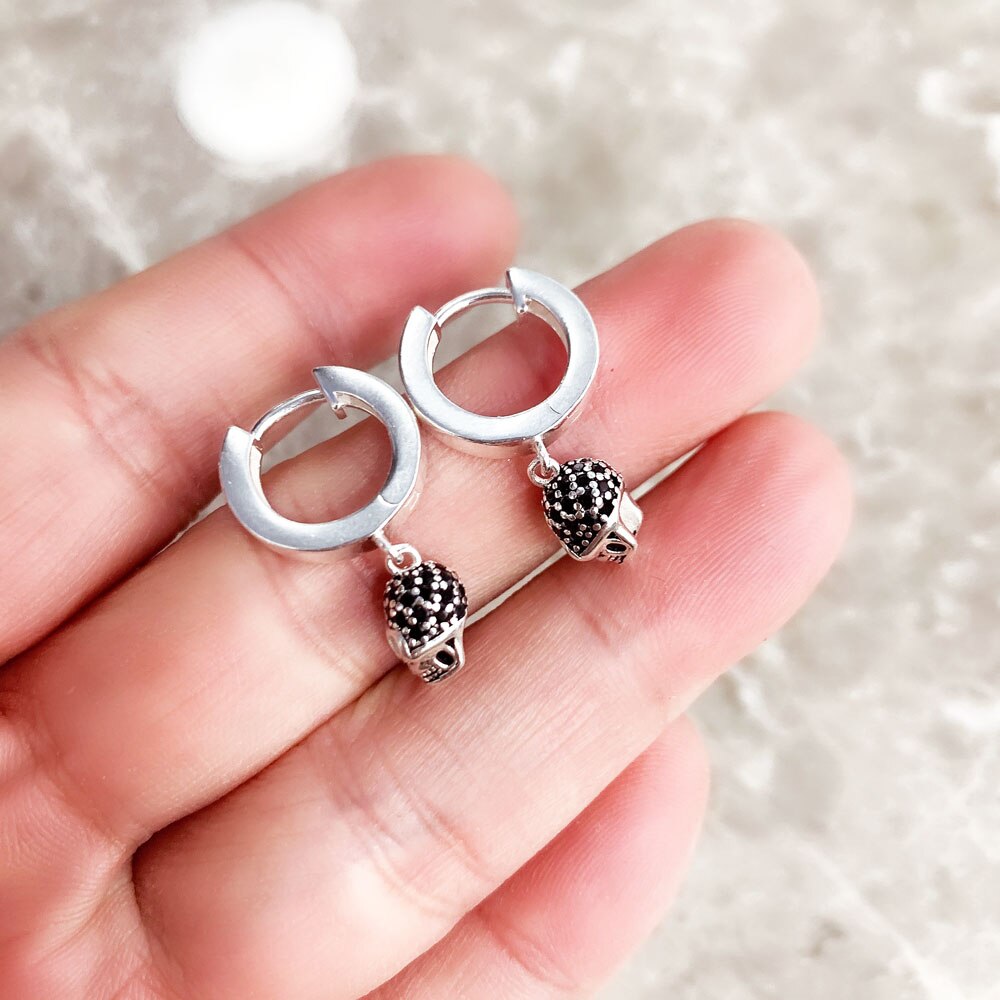 Hinged Hoop Earrings Skull Pave Gift In Real 925 Sterling Silver,Europe Style Rebel Punk Jewerly For Women Men
