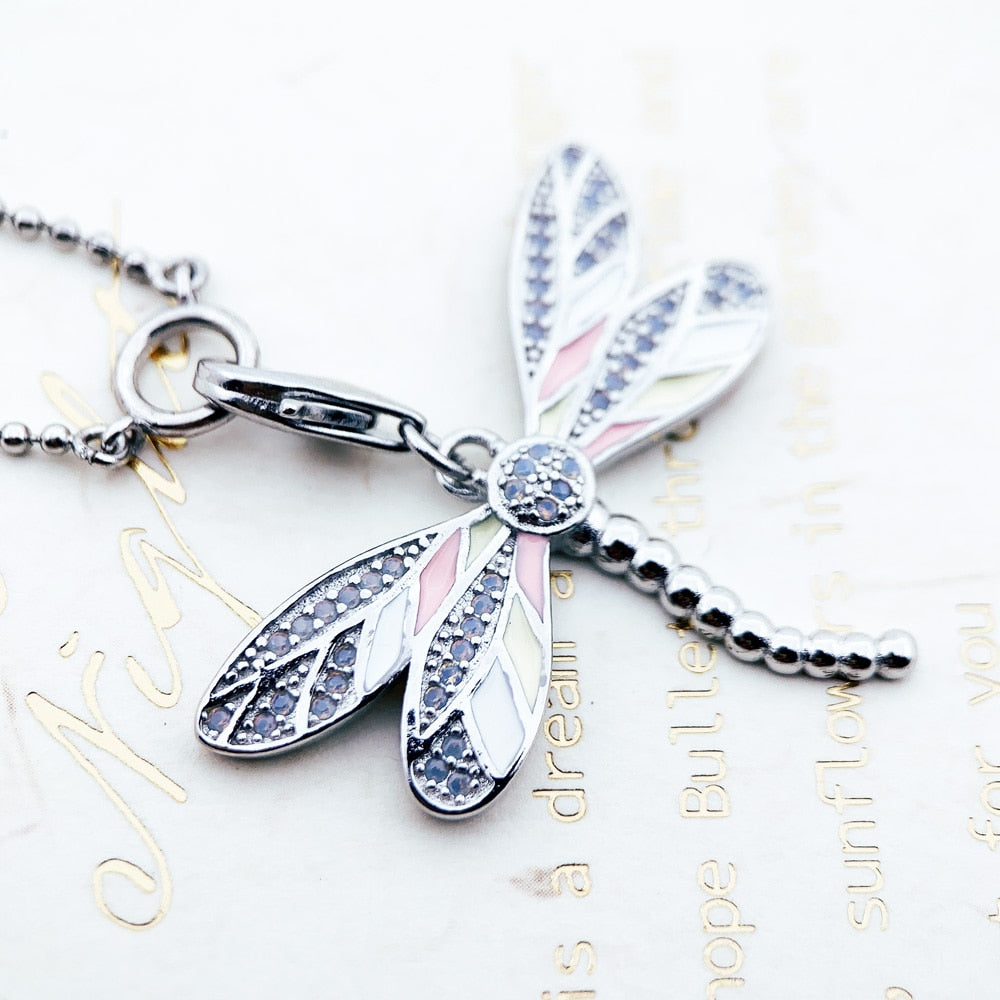 Charm Necklace Pink Dragonfly Winter Fashion Filigree New Jewelry Europe 925 Sterling Silver Gift For Women Girl
