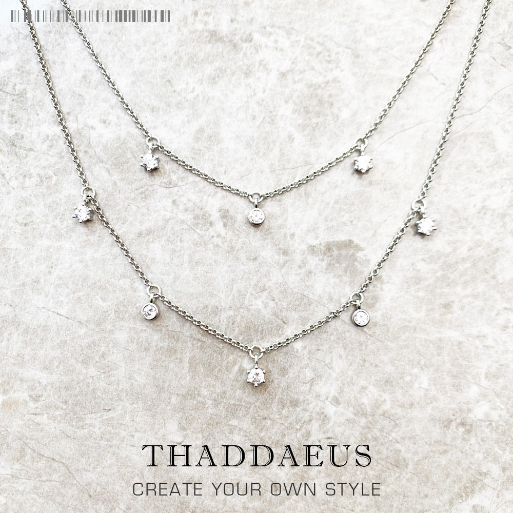 Double Row Necklace White Stones Layer Link Chain Fine Jewelry Europe 925 Stering Silver Brand New Romantic Gift For Women