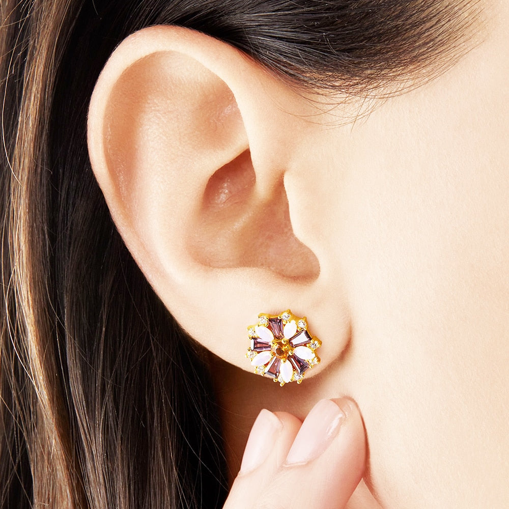 Stud Earrings Flower Colourful Stones Golden Bohemia Jewerly For Women,2022 Lucky Charms Floral Gift In 925 Sterling Silver