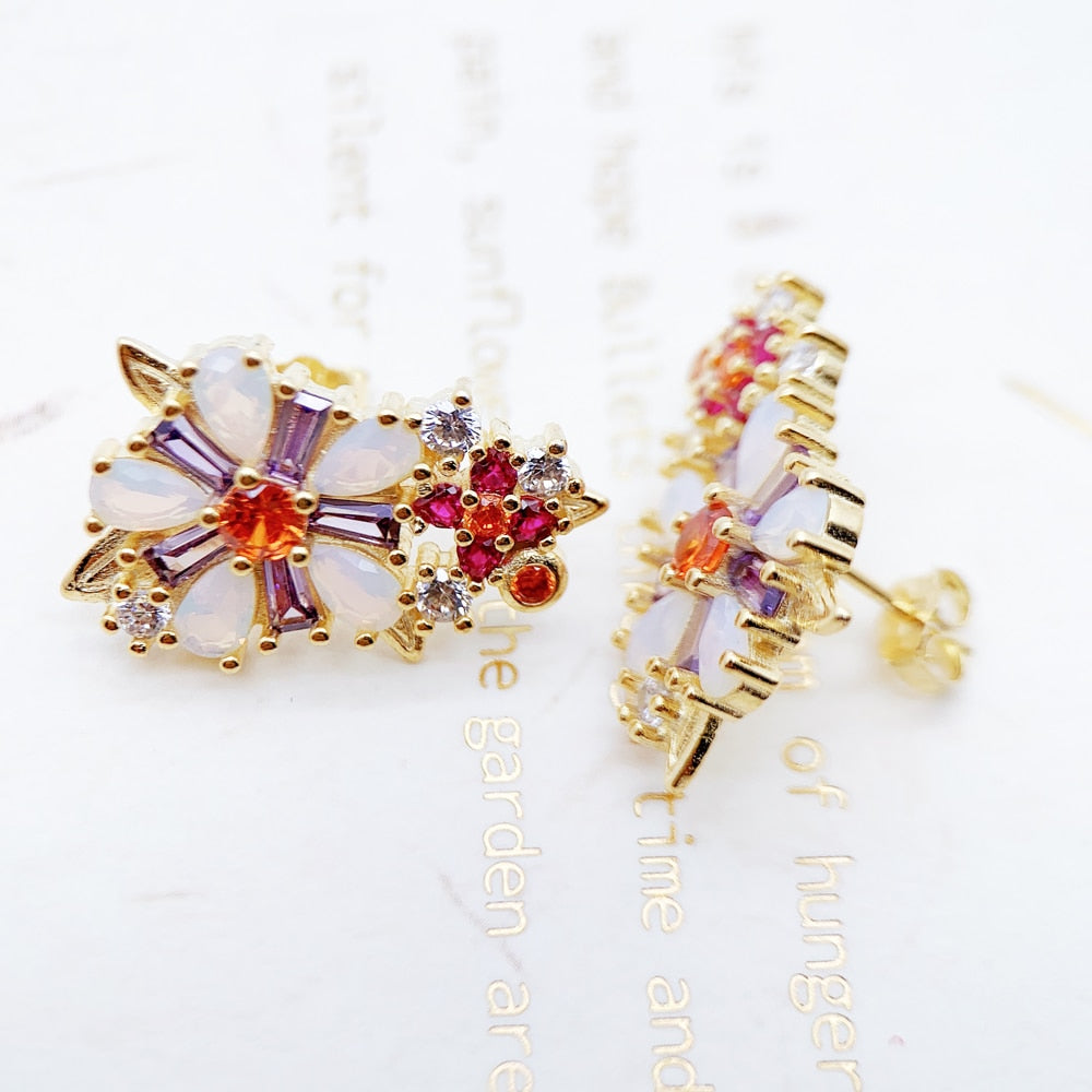 Flowers Colourful Stone Studs Earrings,Europe Yellow Gold Color Handcrafte Jewelry For Women,2022 New Gift 925 Sterling Silver