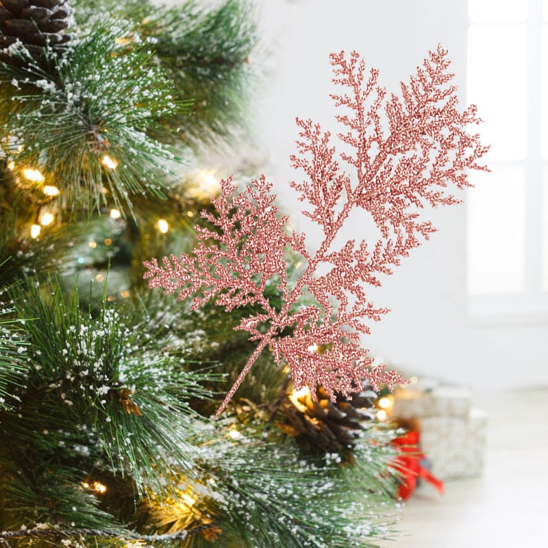 5Pcs Glitter Gold Leaves Xmas Tree Hanging Ornament Flower Artificial Plants Pine Branches Christmas Decoration for Home Navidad