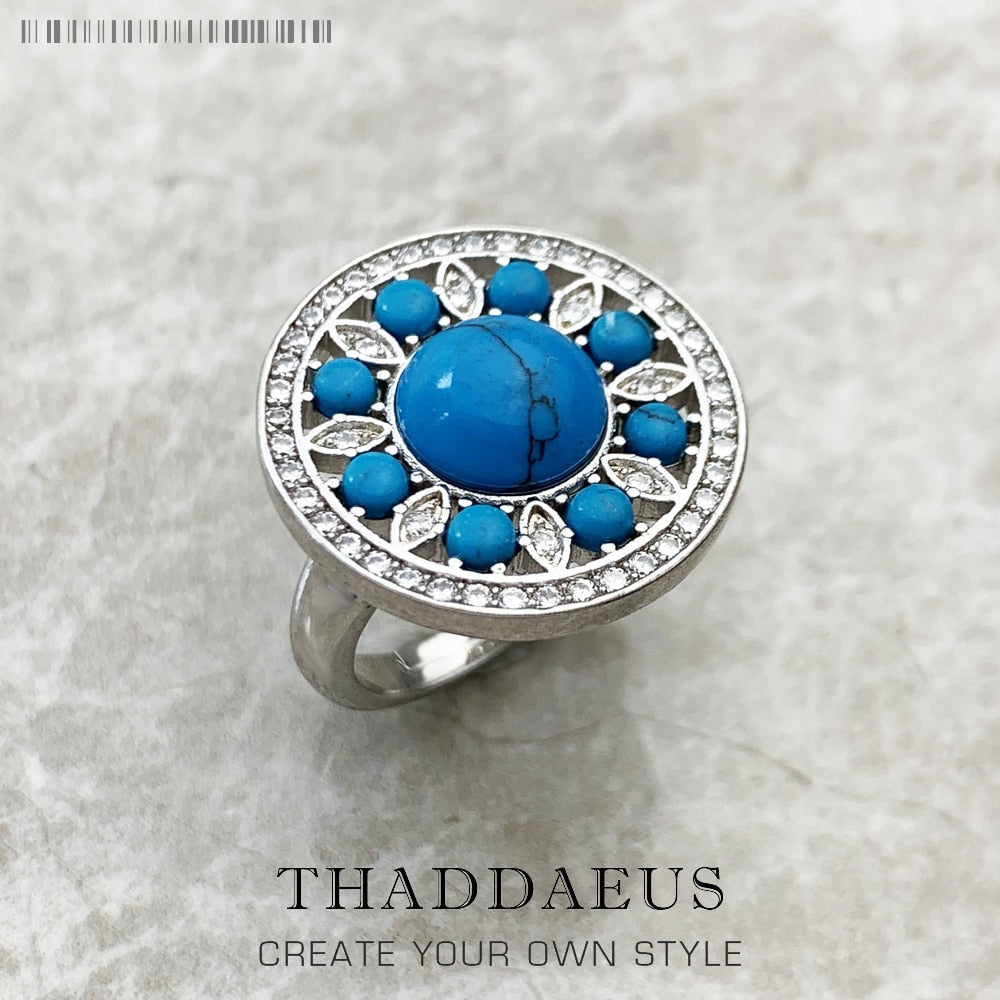 Round Blue Ornament Ring,Europe Style Glam Fashion Good Jewelry For Women Spring Gift In 925 Sterling Silver