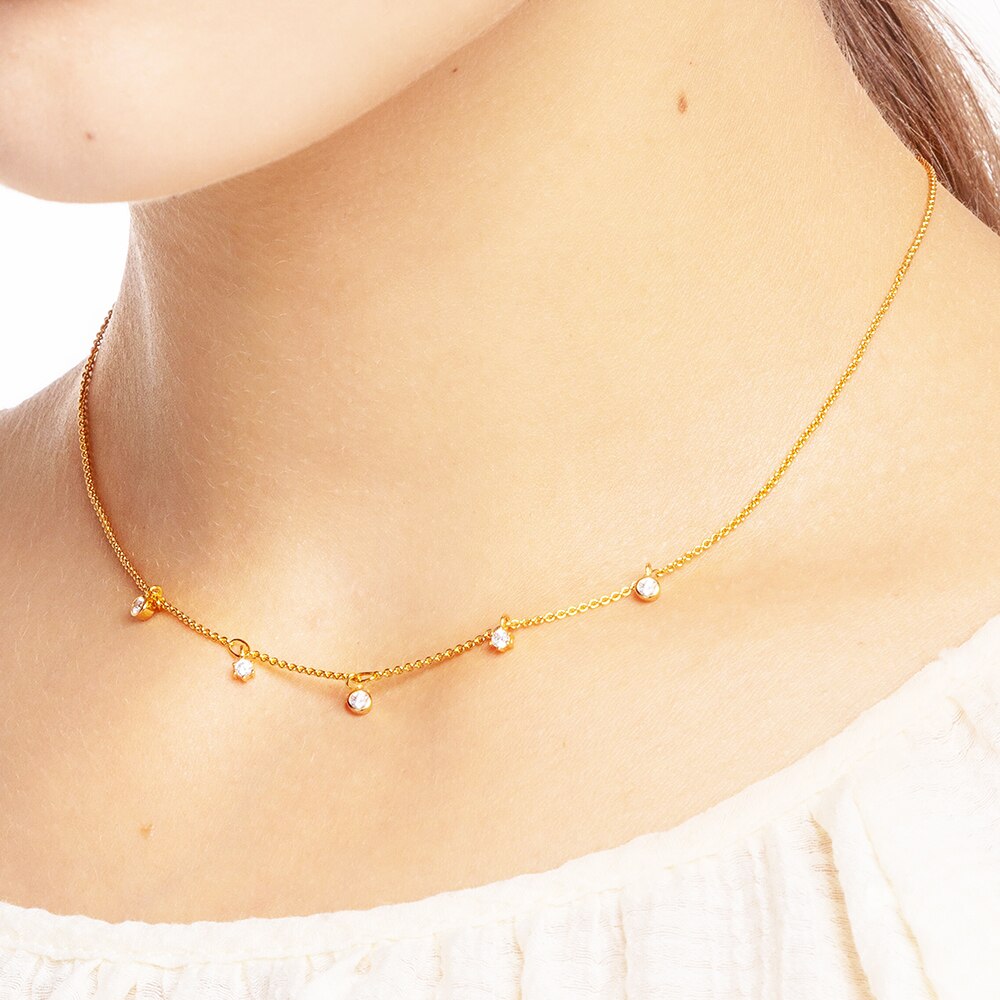 Gold Link Chain Necklace White Stones Fine Jewelry Europe 925 Stering Silver 2023 Brand New Trendy Gift For Women
