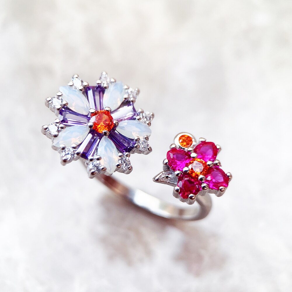 Ring Flowers Colourful Stones Europe Style Romantic Fine Jewerly For Women Brand New Bohemia Gift In Pure 925 Sterling Silver