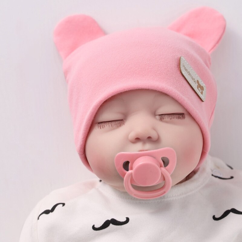 Newborn Baby Cute Bear Ears Beanie Letters Label Infant Toddler Solid Color Cotton Elastic Hospital Hat 0-6 Months