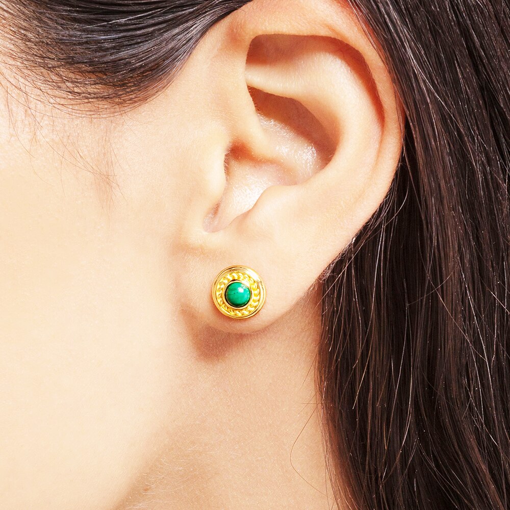 Green Stone Round Gold Stud Earrings,Europe Vintage Good Fine Jewerly For Women,2022 Brand New Gift In 925 Sterling Silver
