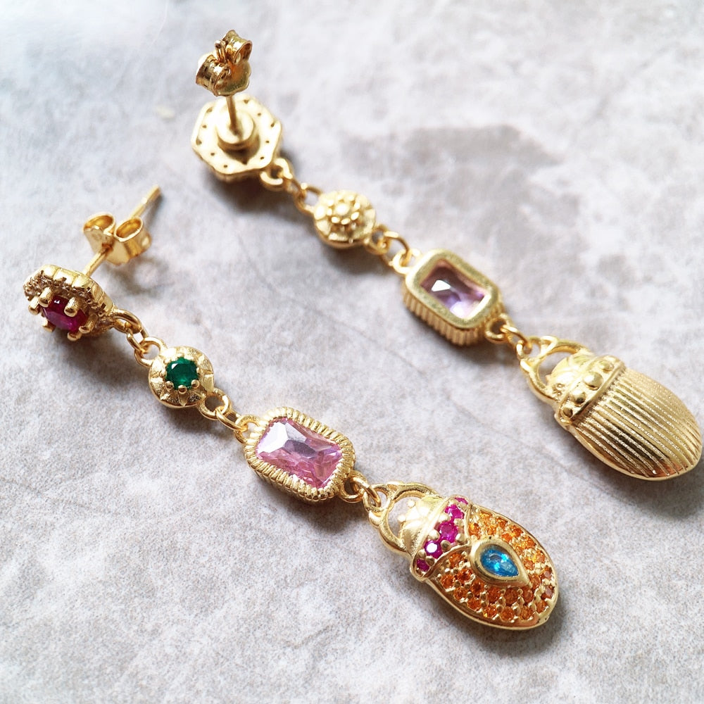 Drop Earrings Scarab Motif Fine Jewelry Vintage Magical Talismans For Women Autumn New Lucky Gift Solid 925 Sterling Silver