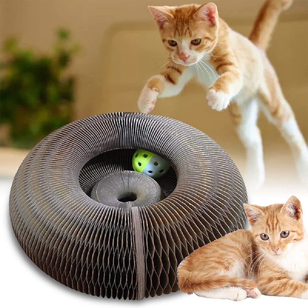 Magic Accordion Cat Corrugated Scratching Board with Bell Round Magnetic Suction Deformable Cat Grinding Claw Decompression Toy - anconmall
