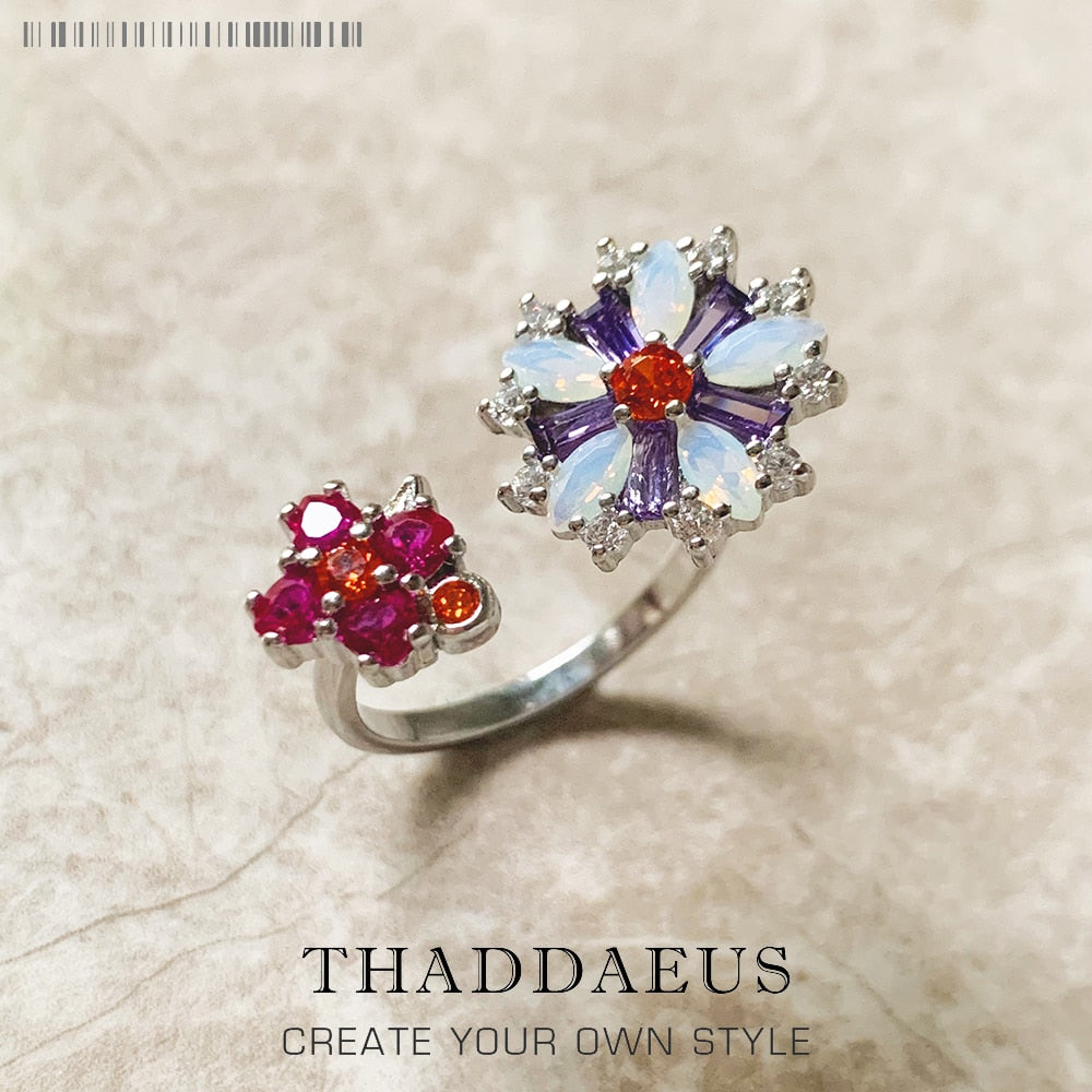 Ring Flowers Colourful Stones Europe Style Romantic Fine Jewerly For Women Brand New Bohemia Gift In Pure 925 Sterling Silver