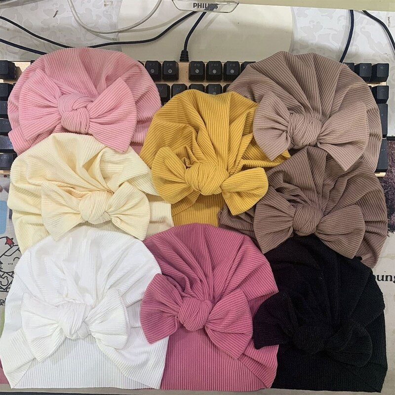 1Pc Baby Girl Turban Bow Hats Breathable Hat Headdress w/ Pure Color Comfort Beanie Skin Friendly Hand Wash Newborn Head