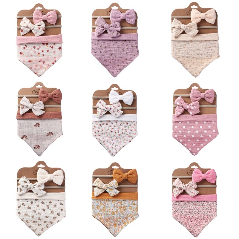 3Pcs/Set Cotton Baby Bib Bow Headband Adjustable Button Triangle Saliva Towel Print Infant Boy Girl