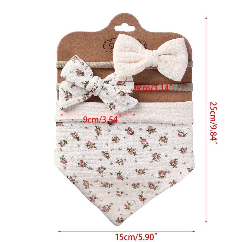 3Pcs/Set Cotton Baby Bib Bow Headband Adjustable Button Triangle Saliva Towel Print Infant Boy Girl
