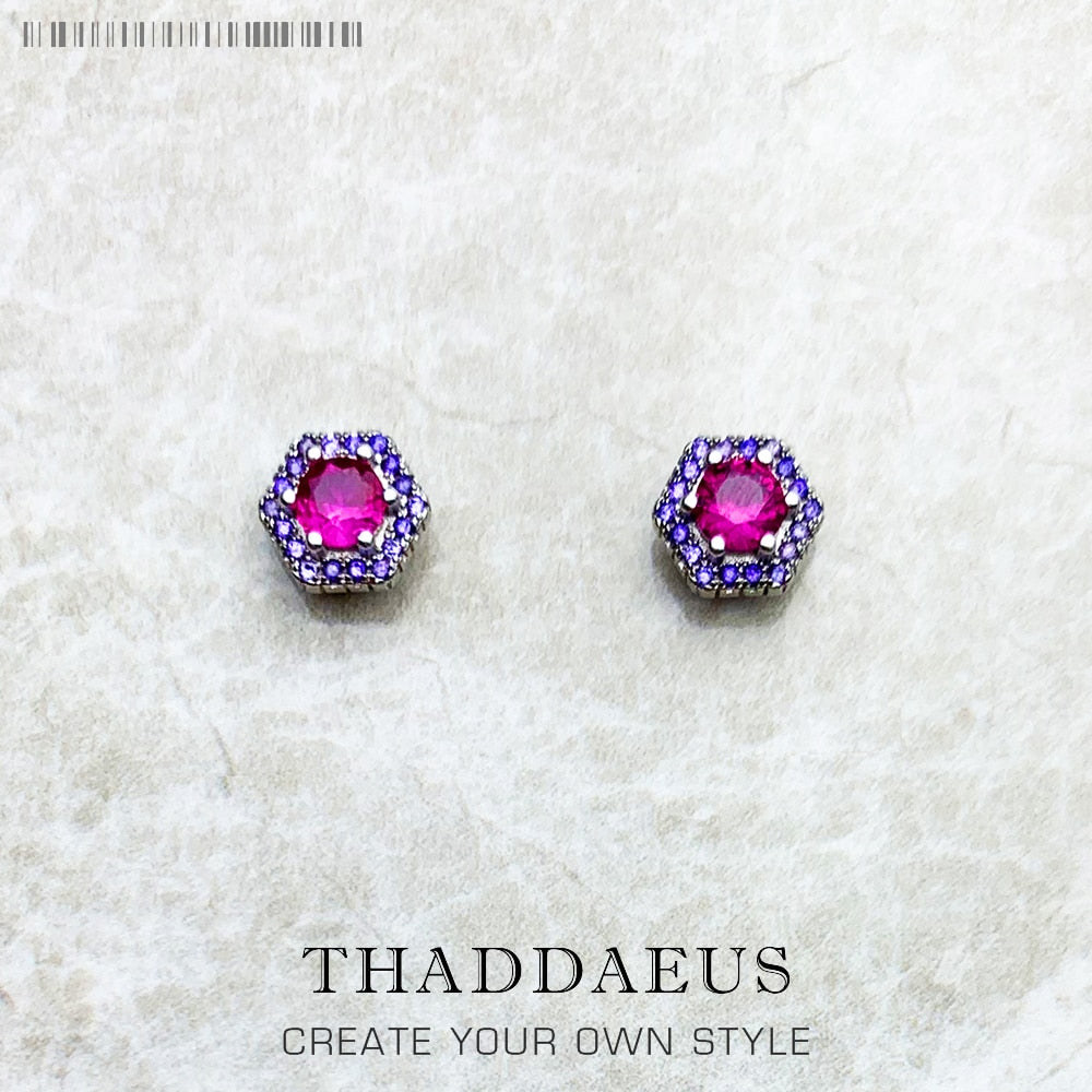 Hexagon Red Studs Earrings,Europe Style Fine Jewerly For Women Handcrafted Gift In 925 Sterling Silver