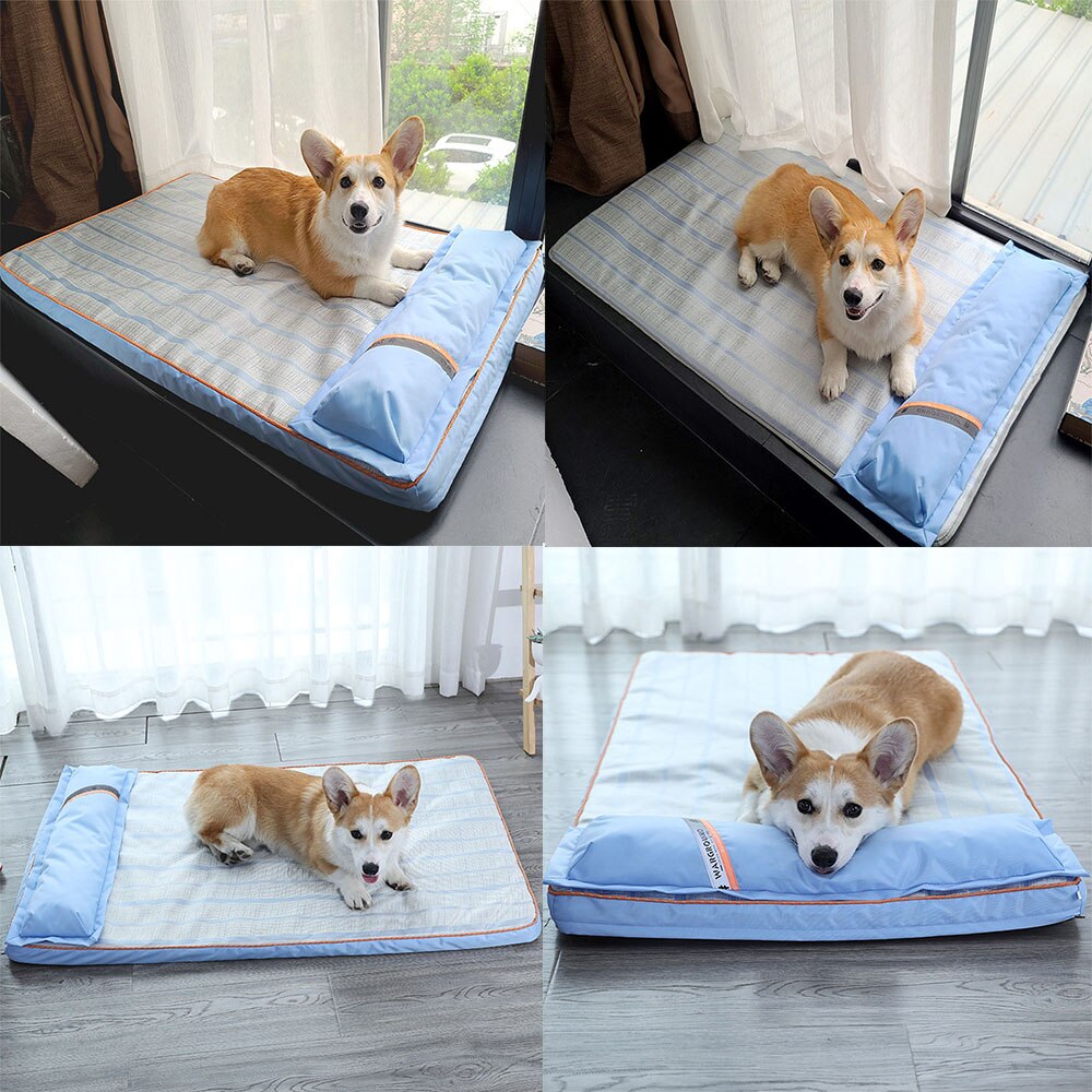 Indoor Pet Bed Summer Cooling Pad Cool Pet Ice Pad with Pillow Kennel Cushion Ice Pad Breathable Non-slip Dog Cooling Mat - anconmall