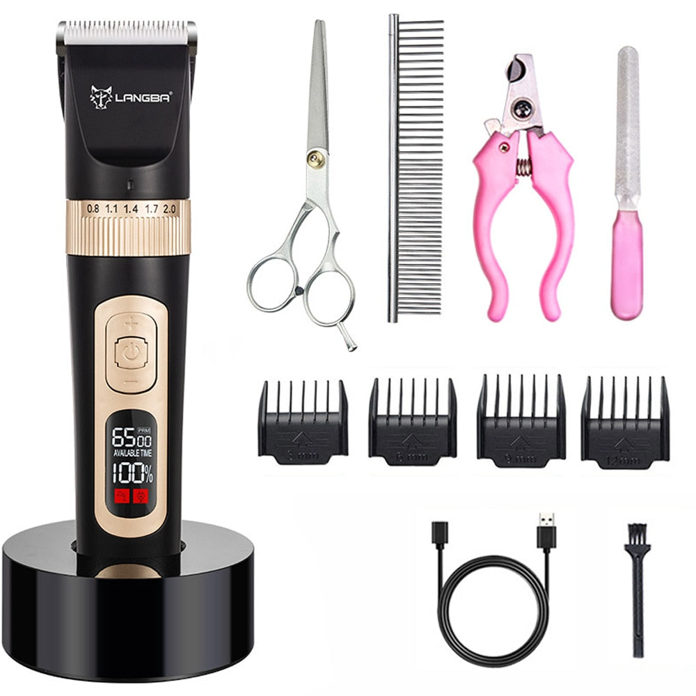 Professional Pet Dog Grooming Hair Clipper 4-Speed Quiet Electric Trimmer Pet Haircut Rechargeable Stand Base Cordless Kit - anconmall