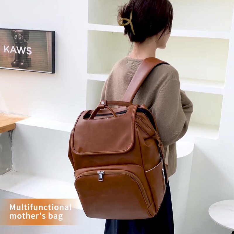 PU Leather Backpack 5-Piece Baby Diaper Bag Solid Color Mommy Maternity Bag Large Capacity Travel Stroller Bag with Diaper Bed