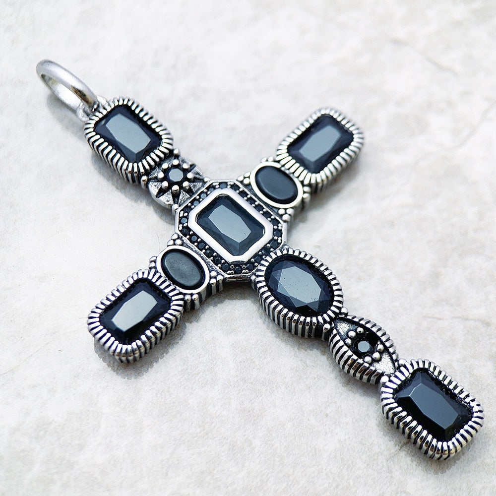 Cross Black Stone Pendant,Brand New 925 Sterling Silver Vintage Jewelry Accessories Graceful Faith Gift For Woman