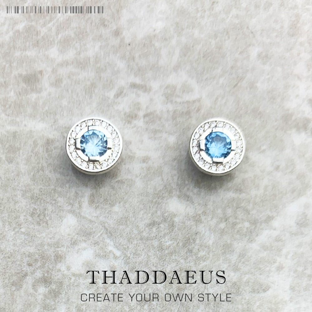 Round Light Blue Studs Earrings Europe Style Fine Jewerly For Women Classic Crystal Gift In 925 Sterling Silver