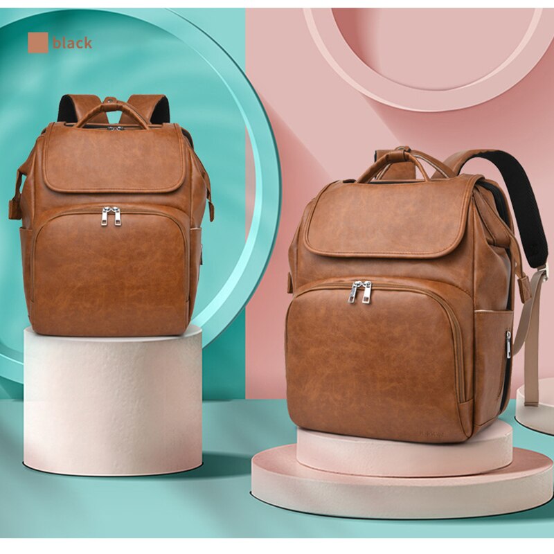 PU Leather Backpack 5-Piece Baby Diaper Bag Solid Color Mommy Maternity Bag Large Capacity Travel Stroller Bag with Diaper Bed