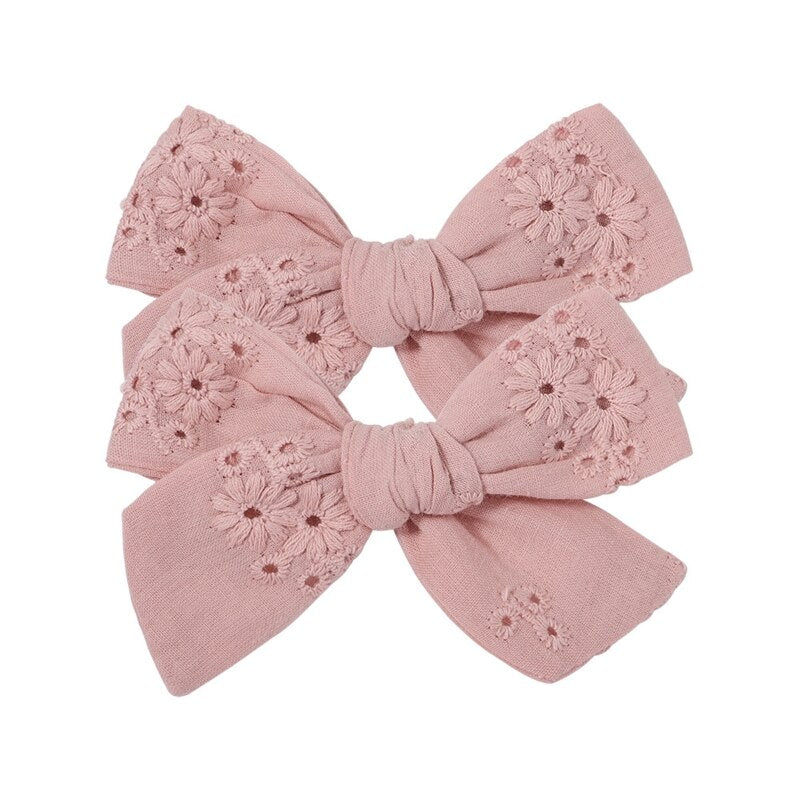 2Pcs/Set Sweet Floral Embroidery Solid Color Bowknot Hair Clips for Kids Baby Girls Alligator Hairpins Headwear Toddlers Hair