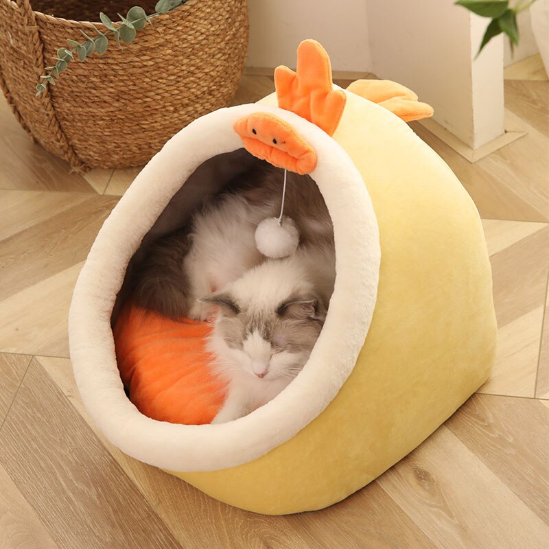 Crystal Velvet Hooded Cat’s House with Removable and Washable Cushion Winter Cat Basket Warm Cozy Sleeping Cave Pet Bed for Cats - anconmall