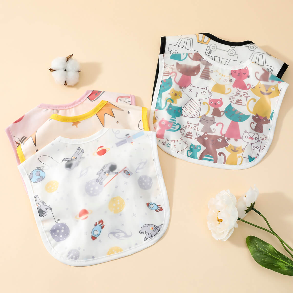 hibobi Baby Cartoon Print Waterproof Bibs Infant Cotton Bib Newborn Scarf Solid Color Baby Boys Girls Feeding Saliva Towel