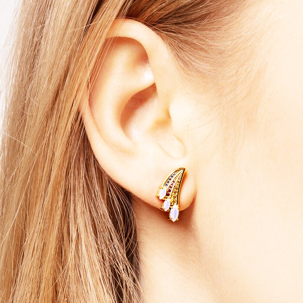 Hummingbird Wing Bright Gold Stud Earring Europe Fine Rainbow Look Jewerly For Women New Bohemia Gift 925 Sterling Silver