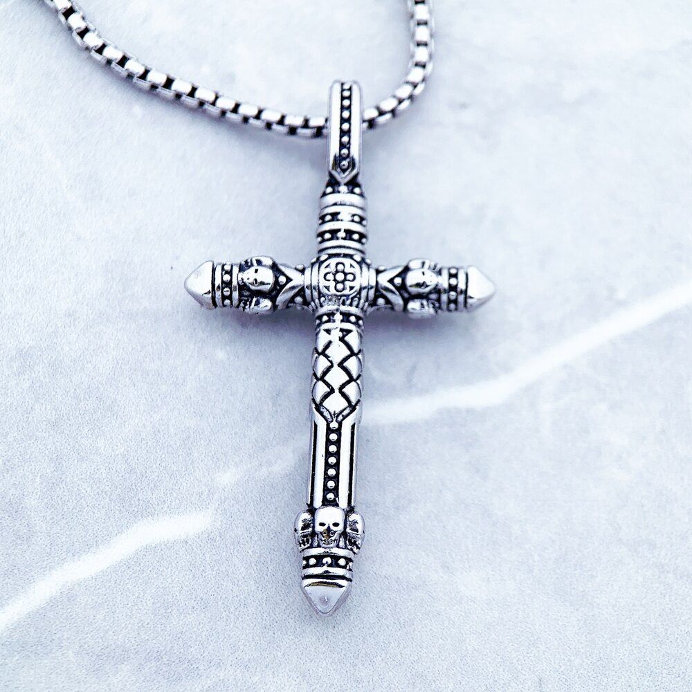 Cross Black Link Necklace,Brand New Chain Fashion Jewelry Europe Rhodium Plated Rebel Bijoux Gift For Men & Women