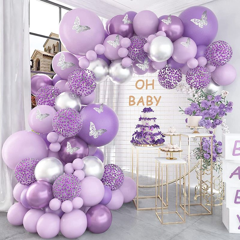 Purple Balloon Garland Arch Kit Metallic Purple Silver Balloons  Butterfly Stickers Confetti for Birthday Wedding Party Decor