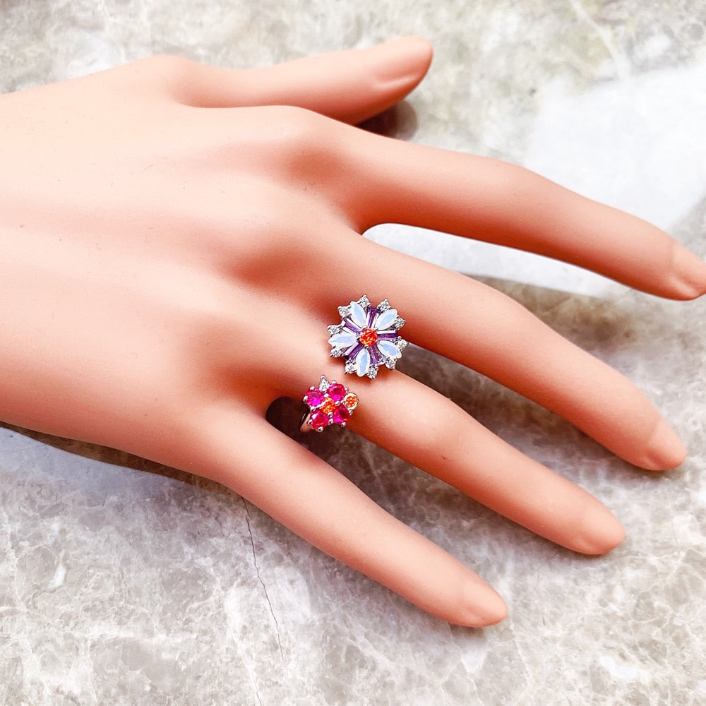 Ring Flowers Colourful Stones Europe Style Romantic Fine Jewerly For Women Brand New Bohemia Gift In Pure 925 Sterling Silver