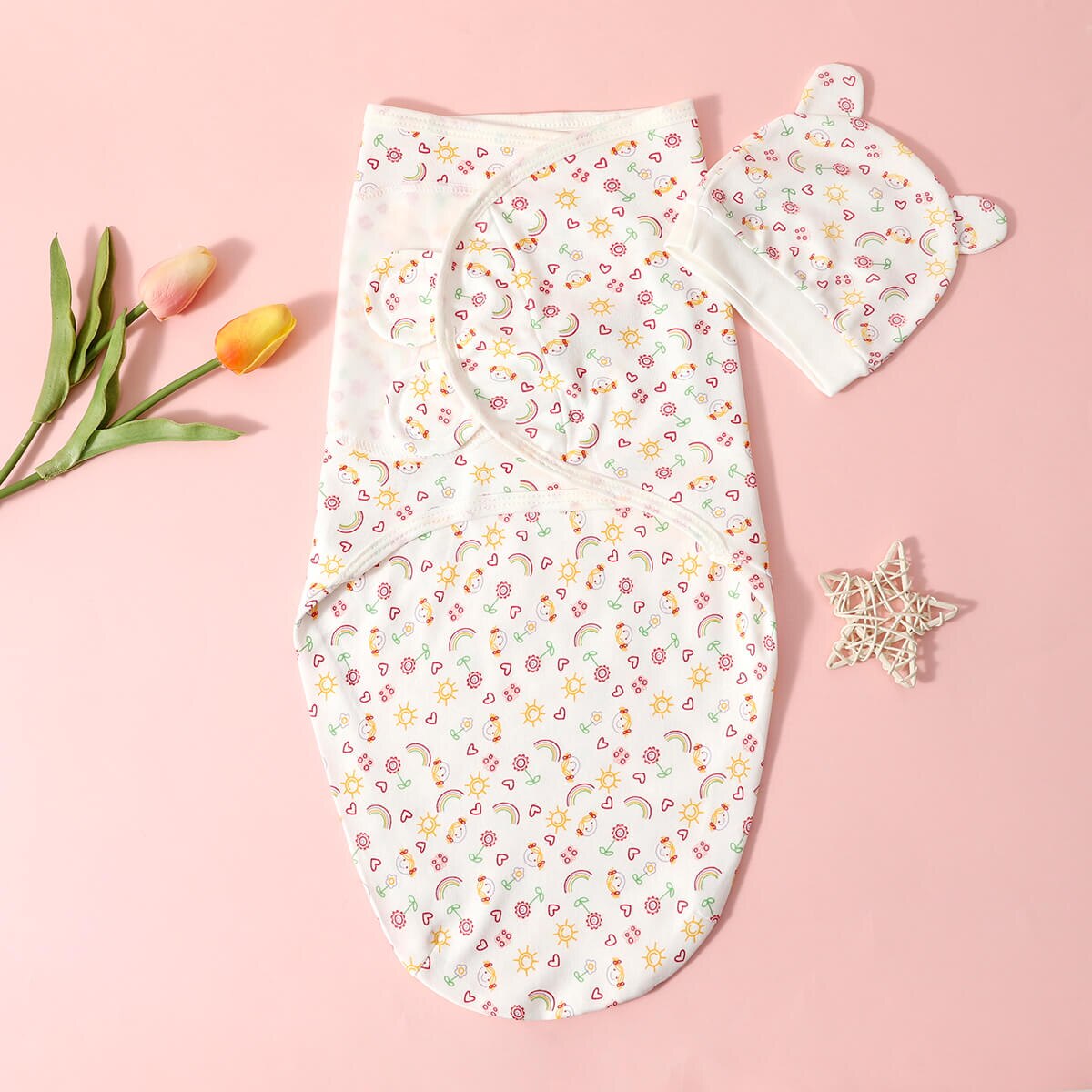 hibobi 2Pcs Cotton Soft Baby Sleeping Cartoon Printed with Bear Ears Hat Design Swaddle Bags for Newborn Infant Wrap Blanket