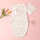 hibobi 2Pcs Cotton Soft Baby Sleeping Cartoon Printed with Bear Ears Hat Design Swaddle Bags for Newborn Infant Wrap Blanket