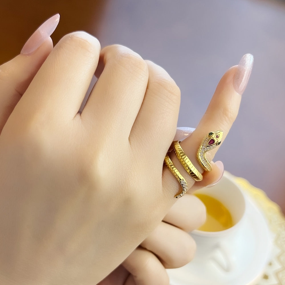 Golden Snake Ring Fine Jewerly For Women Summer Brand New Bohemia Gift In 925 Sterling Silver