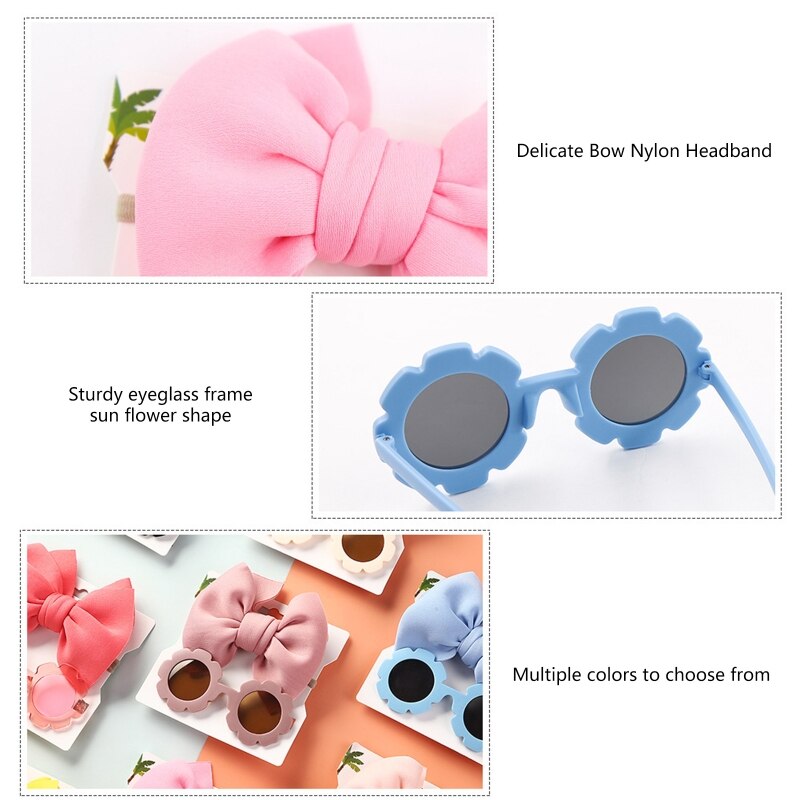 1Set Children Baby Girls Sunglasses Hair Band Set Solid Color Cartoon Glasses Knot Bow Headband Photo Props Gifts