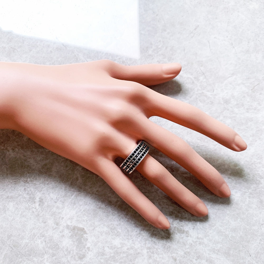 Band Ring Black CZ Pave Europe Style Vintage Jewelry Fine Jewerly For Women Men Gift In 925 Sterling Silver