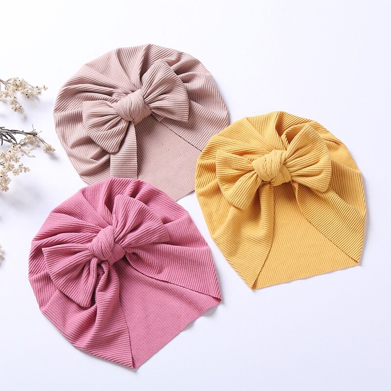 1Pc Baby Girl Turban Bow Hats Breathable Hat Headdress w/ Pure Color Comfort Beanie Skin Friendly Hand Wash Newborn Head