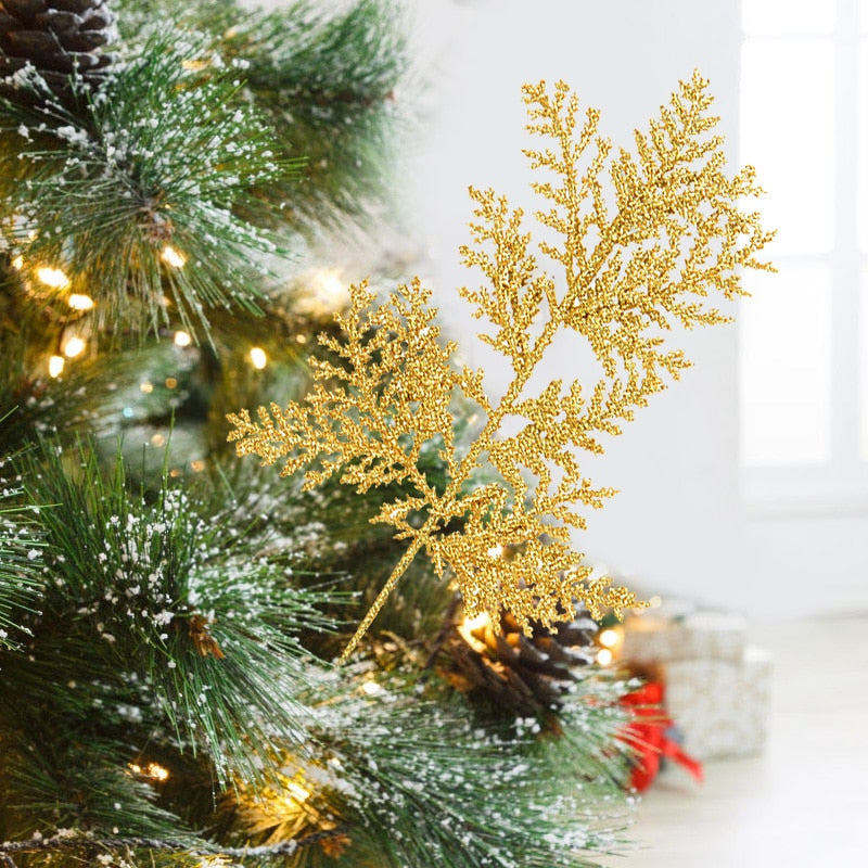 5Pcs Glitter Gold Leaves Xmas Tree Hanging Ornament Flower Artificial Plants Pine Branches Christmas Decoration for Home Navidad