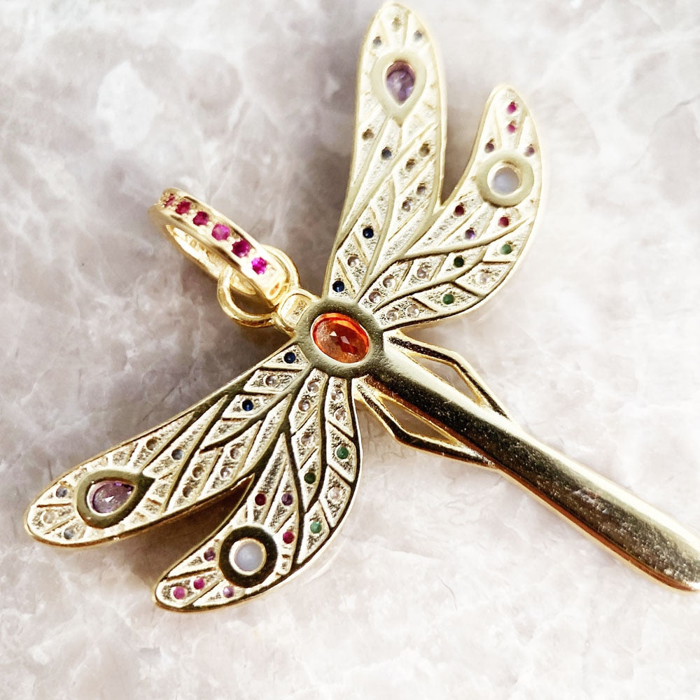 Pendant Golden Dragonfly,Spring Brand Jewelry Bohemia Playful 925 Sterling Silver Colourful Happy Gift For Women