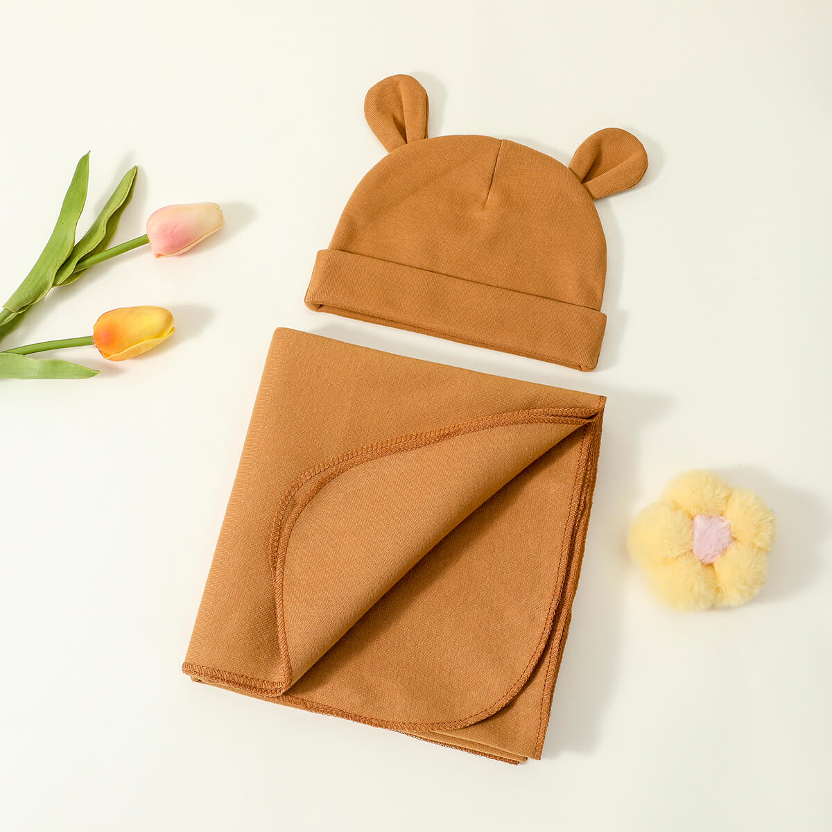 hibobi Newborn Solid Color Wrapped Blanket With Bear Ear Hat 2pcs