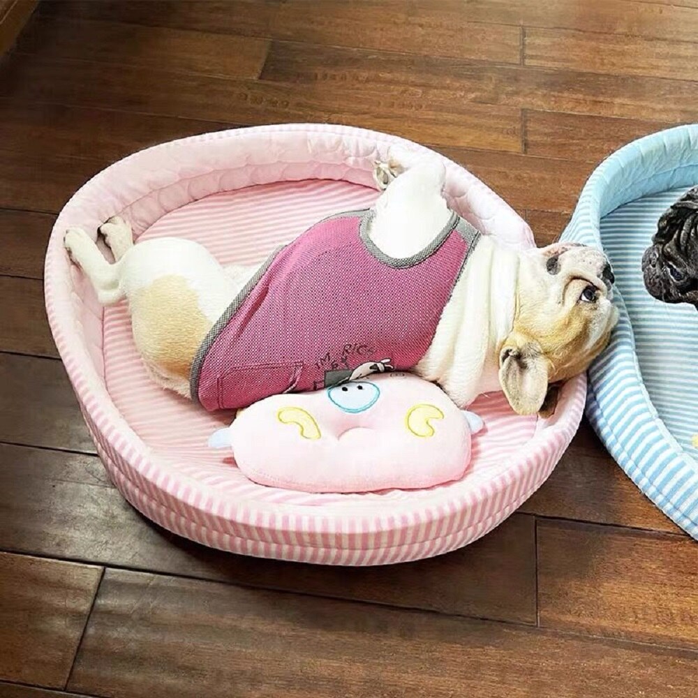 Reversible Pet Dogs Bed Mat Oval Striped Lounger Cushion 4 Seasons Washable Lightweight Summer Cooling Beds for Cats and Puppies - anconmall