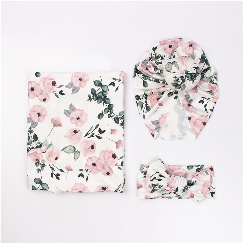 hibobi Floral Knitted Pure Cotton Swaddle Wrapper &amp; Newborn Hat With Hairband Set Baby Blankets Newborn