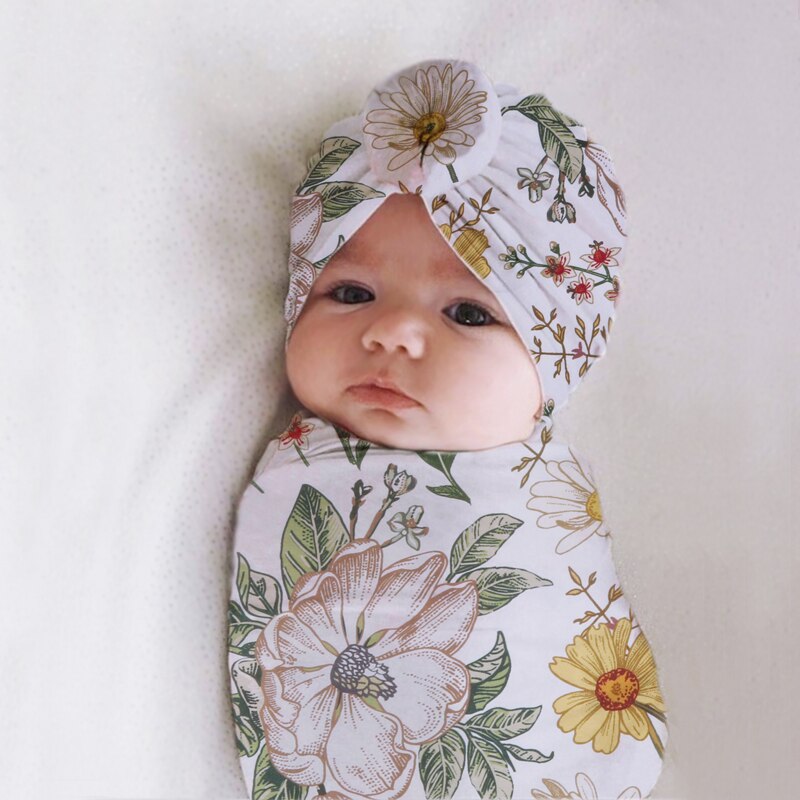 hibobi Floral Knitted Pure Cotton Swaddle Wrapper & Newborn Hat With Hairband Set Baby Blankets Newborn
