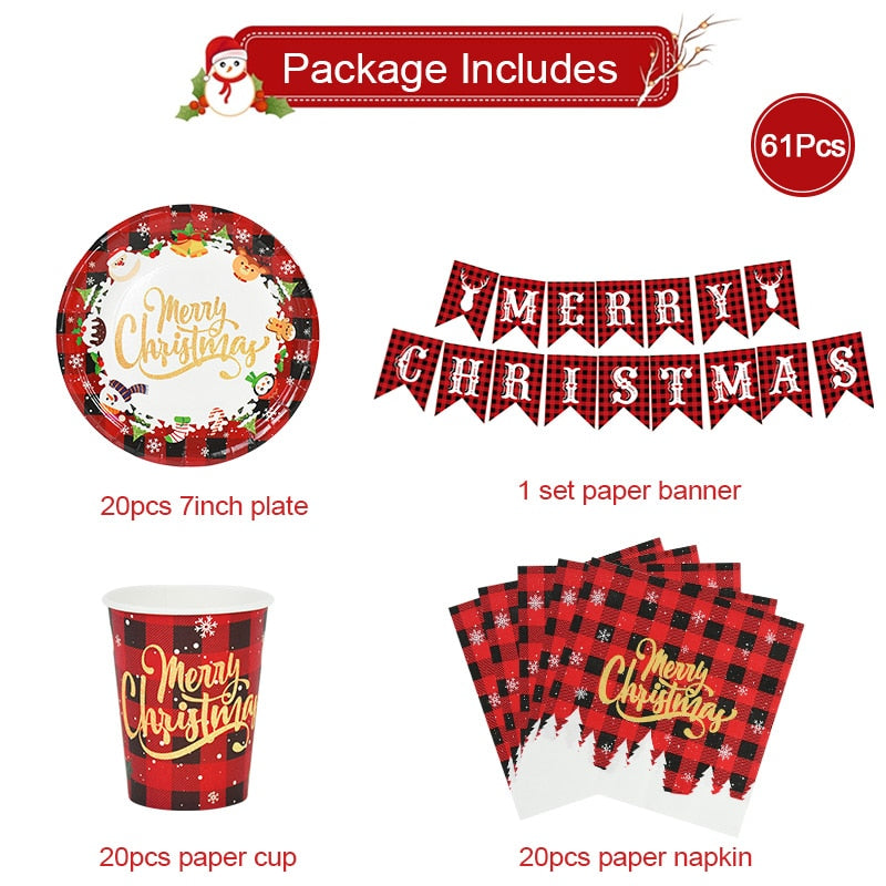 61Pcs/set Merry Christmas Party Disposable Tableware Paper Plates Cup Napkin Banner Xmas Decorations For Home Navidad New Year